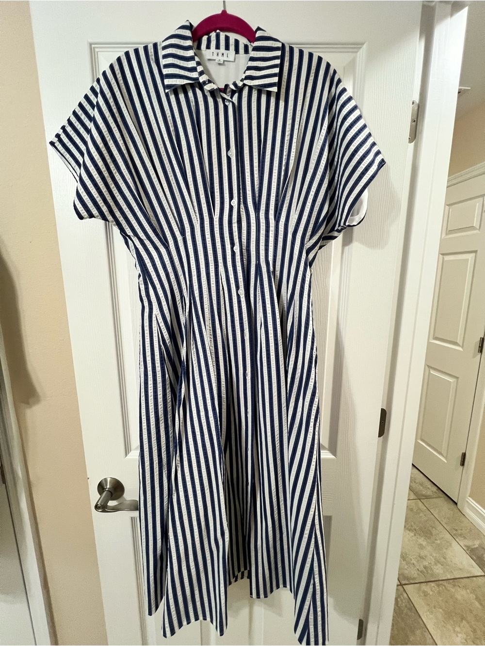 THML Navy and White Striped Midi Shirt Dress